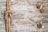 Ship rope, shells and wood background
